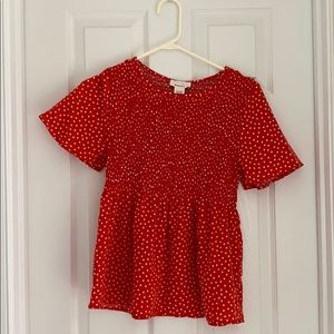 Red and white polka dot scrunch top